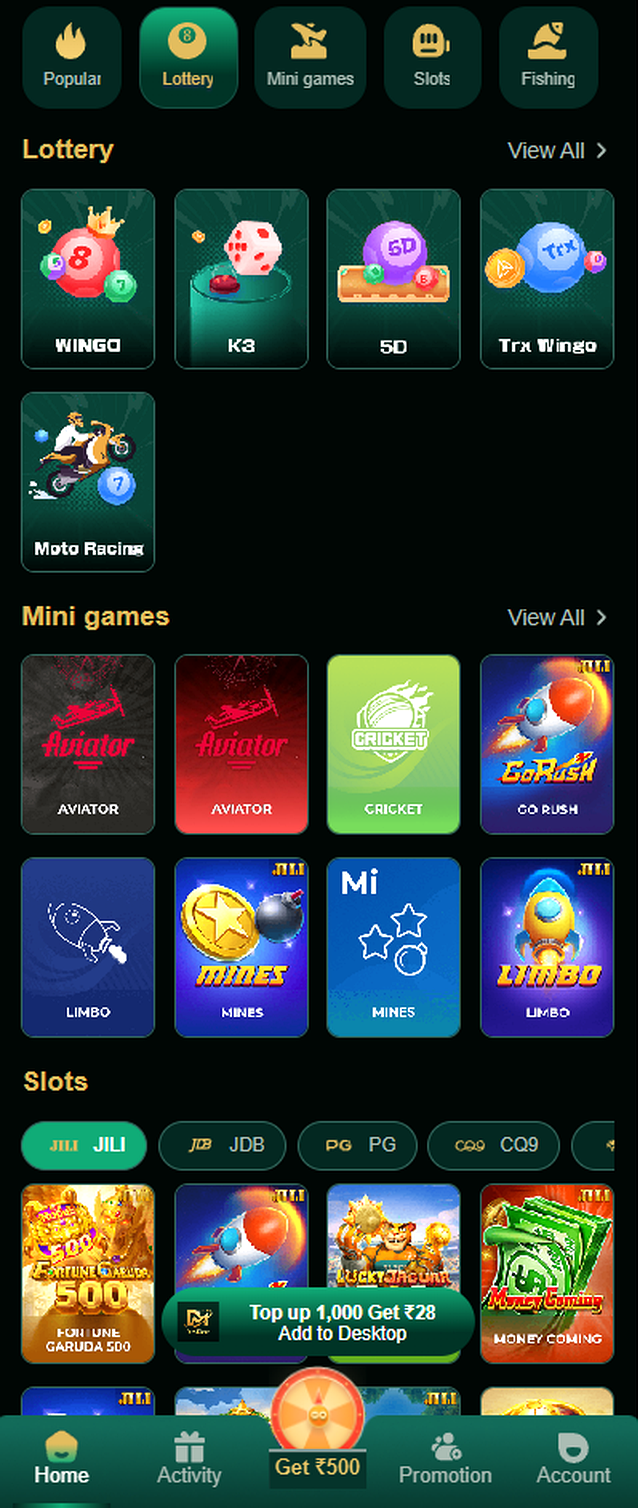 Official Mobile Games Lobby & Dashboard Overview